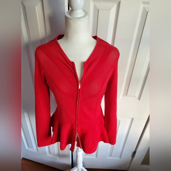 Escada Double Gold Zip Front Peplum Perforated Bodice Chevron Knit Sweater - Picture 7 of 15